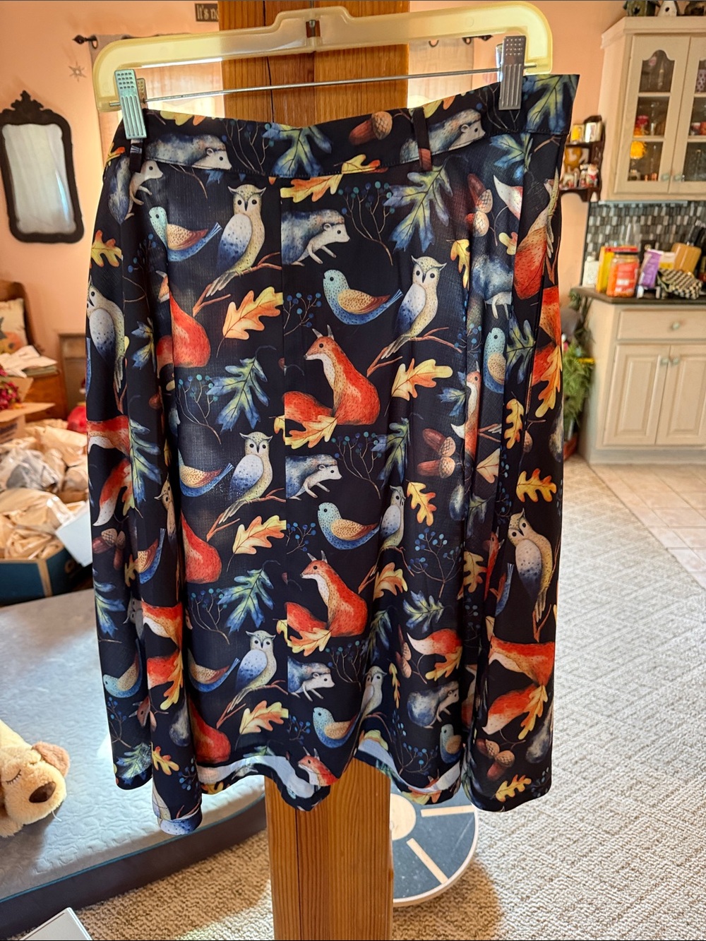 Navy Fox & Owl Print Circle Skirt with Pockets